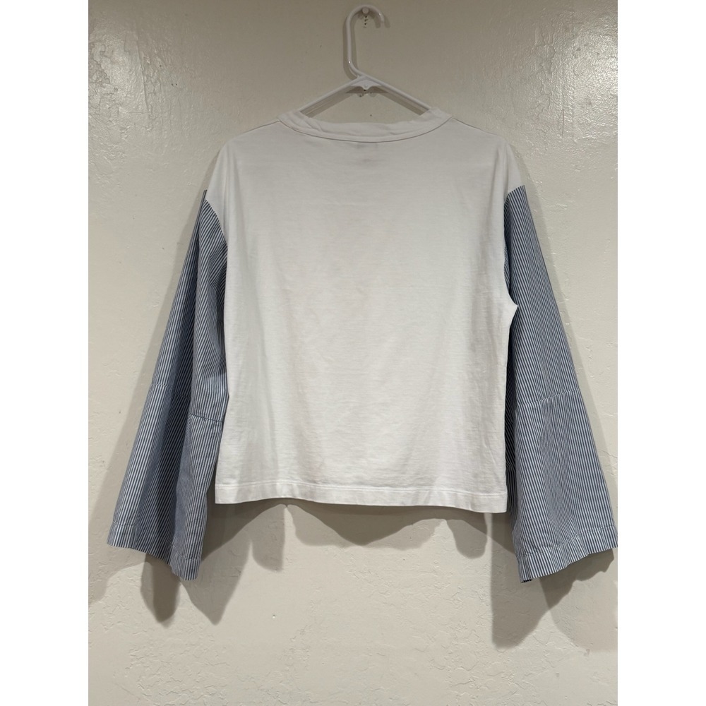 Club Monaco Mixed Media Pinstripe Sleeve Top White Blue Cotton XL - Picture 3 of 6